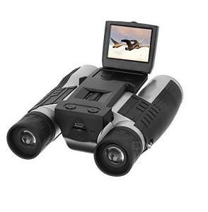 Un prismatico con camara y aves en su pantalla LCD